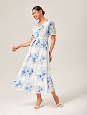 abordables Robes fleuries élégantes-robe longue en mousseline délavée à fleurs bleues