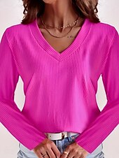 voordelige Dames eenvoudige tops-Dames Blouse Effen Kleur Basic Casual Lange mouw V-hals Normale tops Dagelijks blauw Fuchsia Licht Blauw Zomer Lente