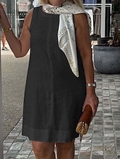 preiswerte Kleider aus Baumwolle und Leinen entwerfen-Damen Minikleid Freizeitkleid Klassisch Modern Urlaub Täglich Ferien Normale Passform Einfach Ärmellos Rundhalsausschnitt Schwarz Weiß Khaki Sommer