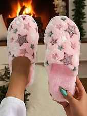 cheap Women&#039;s Slippers &amp; Flip-Flops-Women&#039;s Fuzzy Star Print Indoor Slippers – Cozy Faux Fur Winter House Shoes for Living Room, Bedroom &amp; Holiday Mornings