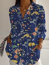 voordelige Bloemen tops-Dames Overhemd Bloemig Actief Dagelijks Stijlvol Lange mouw Overhemdkraag Normale tops Dagelijks Feestdagen Knop Afdrukken Wit Blozend Roze Marineblauw blauw Groen Lente Herfst