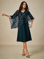 preiswerte Einfaches Kleid-A-Linie Brautmutterkleid Elegant V Ausschnitt Knielang Spitze Halbarm mit Spitze Einfarbig 2025