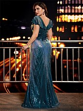 economico BLU-Abiti da Mare  Tromba Taglia Plus Elegante Abito Curve Formale per Matrimonio Lunghezza Della Terra Manica Corto Collo A V Poliestere Retro A V con Paillettes 2025