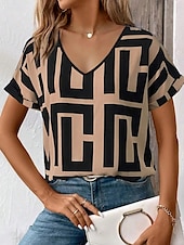 tanie Koszulka w paski i geometryczna-Damskie Podkoszulek Graficzny Geometryczny Elegancki Codzienny Krótki rękaw W serek Zwykłe topy Codzienny Nadruk Czarny Granatowy Niebieski Brązowy Khaki Lato Wiosna