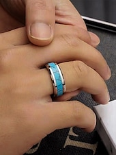 economico Gioielli da uomo-Anello da uomo in acciaio inossidabile con intarsio turchese blu, fascia lucida comfort fit, gioiello in stile western da indossare ogni giorno, matrimoni o regali