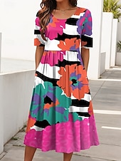 tanie Sukienka boho-Damskie Sukienka midi Letnie sukienki Plisowana sukienka Urlop Codzienny Święto Regularny Graficzny Geometryczny Rękaw 1/2 Półgolf Czerwony Niebieski Fioletowy Lato Wiosna