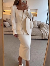 preiswerte Mamas Kleidersets-Zweiteiliges Fisch  Trompete Mutter der Braut Kleid Elegantes Peplum Kleid Set Einfach Minimalistisch Quadrat-Ausschnitt Tee Länge Krepp Stretchstoff Lange Ärmel mit einfarbig