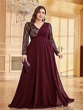 cheap BLUE-A-Line Plus Size Dresses Elegant Curve Dress Formal Wedding Floor Length Long Sleeve V Neck Chiffon with Sequin