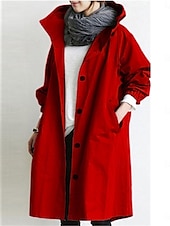 billige Trench Coats-Dame Trenchcoat Bekvem Pustende Knapper Fritid Helfarge Feriereise Gate Avslappet Dagligdagstøy Enkeltkneppet Lang Med hette Normal Langermet Yttertøy Lyseblå Rød Kakifarget Vår Høst