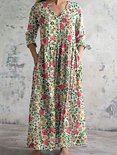 ieftine Rochii florale-Pentru femei Rochii Midi Rochie A line Casual În aer liber Ieșire Potrivire Largă Floral Grafic Lungime Manșon 3/4 În V Negru Roz Îmbujorat Albastru piscină Portocaliu Vară Primăvară Toamnă