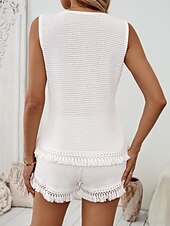 cheap Women&#039;s Blouse Suits-Women&#039;s Daily Shorts Sets Sleeveless U Neck Solid Color Tassel Fringe Casual Daily Weekend White Summer Regular Fit