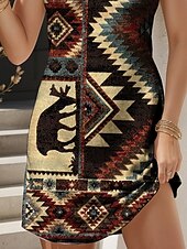 preiswerte Boho Kleider-Damen Minikleid Sommerkleid A Linie Kleid Urlaub Lässig Boho Outdoor Party Täglich Normale Passform Grafik Geometrisch Farbblock Ärmellos U-Ausschnitt Rote Blau Purpur Khaki Sommer Frühling