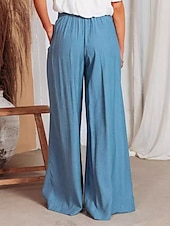 abordables jambe large et taille haute-Femmes Culottes Jambe Large Évasé Élégant Vacances ancien Long Taille Moyenne Cordon de serrage Classique Stylé Micro-Élastique Ivoire Bleu Kaki Été Printemps Automne Coupe Ample