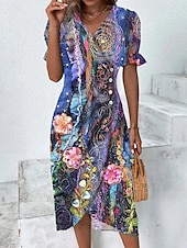abordables Robe Rayée et Géométrique-Femmes Robe Midi Robe fourreau Robe Portefeuille Occasionnel Quotidien Fête Coupe Ample Graphique Géométrique Manche Courte Col en V Bleu Fuchsia Orange Bleu de minuit Été Printemps