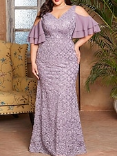 preiswerte lila-Meerjungfrau  Trompeten Abendkleid elegantes Kleid formelle Hochzeit bodenlang kurzer Ärmel V-Ausschnitt Spitze mit Stickerei