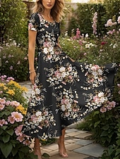preiswerte Blumenkleider-Damen Maxikleid Strickkleid Freizeitkleid A Linie Kleid Sommerkleid Elegant Urlaub Lässig Normale Passform Blumen Grafik Kurzarm Quadrathals Rundausschnitt Gelb Rote Blau Purpur Sommer Frühling