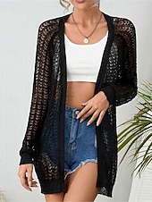 baratos Casacos &amp; Casacos de Trench-Mulheres Jaqueta casual Respirável Confortável Com Corte Casual Tecido Férias Rua Casual Roupa Diária Abertura Frontal Padrão Sem Colarinho Normal Manga Longa agasalhos Preto Branco Cáqui Verão