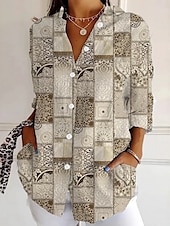 abordables Tops à Rayures et Géométriques pour Femmes-Femmes Chemise Graphique Géométrique Rayé ancien Tropical Quotidien manche longue Col de chemise Hauts Réguliers Travail Quotidien Fête Boutons Imprimé Vin Rouge Kaki Été Printemps Automne