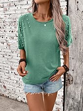 abordables T-shirt uni-Femmes T-shirt Uni Mode Élégant Classique Manche Courte Col ras du cou Hauts Réguliers Quotidien Week-end Patchwork Vert Été Printemps