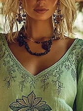 economico Tops Boho-camicetta da donna in stile western, stile boho, con fiori, moderna, casual, a maniche lunghe, scollo a V, normale, per tutti i giorni, per le vacanze, per uscire, stampa verde, estate, autunno.