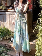 voordelige Elegante bloemenjurken-Dames Lange jurk maxi-jurk Jurk met print Modern Vakantie Feestdagen Teaparty Normale pasvorm Bloem Mouwloos V-hals Groen Zomer