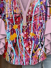 abordables Hauts d&#039;Art et de Design pour Femmes-Femmes Chemisier Graphique Abstrait Bohème ancien Quotidien Manche 3/4 Col en V Hauts Réguliers Quotidien Fête Vêtements de vacances Imprimé Jaune Rouge Bleu Violet Vert Été Printemps Automne