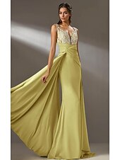 preiswerte GELB-gelbes Kleid Meerjungfrau / Trompete Abendkleid elegantes Kleid formelle Hochzeit Sweep / Pinsel Schleppe lange Ärmel V-Ausschnitt Chiffon gerüschte Details mit Perlen Stickerei Applikation 2025