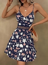 abordables Robes fleuries décontractées-Femmes Mini Robe Robe Fleurie Robe d&#039;été Robe Nuisette Robe Imprimée Classique Moderne Vacances Sortir Week-end Coupe régulière Fleur Sans manches Bretelles spaghetti Noir Bleu de minuit Été