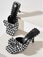 cheap Dress Sandals-Women&#039;s Gingham Bow Heeled Mules - Vintage Open Toe Slip-On Sandals for Casual Dates and Summer Outings
