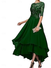 abordables Longueur du thé-Ligne A Robe de Mère de Mariée  Élégant Simple Col Bateau Asymétrique Polyester Demi Manches avec Couleur Unie 2025