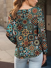 ieftine tricou floral-Pentru femei Bluză Grafic Elegant Boemia Casual Manșon Lung Stil Nautic Rotund Topuri obișnuite Zilnic Ieșire Costum de plajă Imprimeu Galben Albastru piscină Mov Trifoi Vară Primăvară