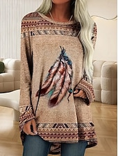 billige Boho t-skjorte-Dame T skjorte Blomstret Bohem Årgang Mote Langermet Crew-hals Lange topper Daglig Ut på byen Helg Trykt mønster Kakifarget Vår, Høst, Vinter, Sommer