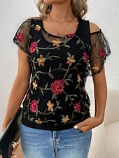 tanie Koronkowe topy-Damskie Bluzka Jednokolorowe Kwiaty Codzienny Elegancki Nowoczesny Krótki rękaw Półgolf Zwykłe topy Codzienny Siateczka Niejednolita całość Czarny Biały Rumiany róż Szary Lato