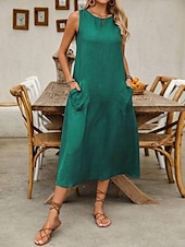 preiswerte Weißes Kleid-Damen Maxikleid A Linie Kleid Sommerkleid Lässig Täglich Normale Passform Einfach Ärmellos Rundhalsausschnitt Wein Blau Braun Grün Sommer