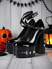 abordables Années 1980-Femmes Chaussures à Talons Soirée Rivet Boucle Plateau Talon Bloc Bout Rond Punk PU Boucle Noir