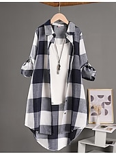 tanie Koszule-Damskie Szałat Wygodny Oddychający Guziki Nadruk Codzienny Kratka Urlop Ulica Codzienny Dzienne zużycie Guziki jednorzędowe Długie Wieczorne Regularny Długi rękaw Odzież wierzchnia Czarny i biały