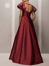 cheap Evening Dresses-Rust A-Line Evening Gown Elegant Dress Formal Wedding Floor Length Ruffle Short Sleeve Satin with Beaded Lace Applique and Pockets 2025