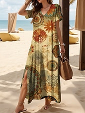 tanie Sukienki boho-Damskie Sukienka midi Codzienne sukienki Sukienka letnia Sukienka A line Letnie sukienki Bohema Urlop Codzienny Plaża Luźna Graficzny Boho Paisley Damask Krótki rękaw W serek Żółty Czerwony Niebieski