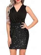 levne Jednoduché šaty-Dámské Mini šaty Flitrové šaty Šaty na párty Bodycon Módní Moderní Párty Koktejlový večírek Rande Běžný Barevné bloky Bez rukávů Do V Stříbrná Černá Zlatá Léto
