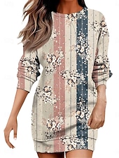 voordelige Boho Jurk-Dames Mini-jurk Hemdjurk Casual Vakantie Feestdagen Uitgaan Normale pasvorm Bloemig Grafisch Geometrisch Lange mouw Strakke ronde hals Roestig rood Paars khaki Herfst Winter