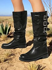 olcso Slouch Boots-Női barna műbőr térdig érő csizma tripla csatos pántokkal – western lovagló stílus őszi szettekhez, farmi napokra és szabadtéri viseletre