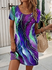 baratos Arte &amp; Design Vestido-Mulheres Minivestido Vestido T shirt Vestido A Line Vestido de verão Casual Diário Normal Gráfico Geométrica Manga Curta Crewneck Vermelho Azul Verde Escuro Roxo Verão Primavera