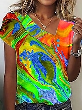 billige Kvinnenes Kunst &amp; Design Topper-Dame Bluse Grafisk Marmortrykk Elegant Stilfull Fritid Kortermet Asymmetrisk Vanlige topper Daglig Ferie Knapper Lilla Oransje Grønn Sommer
