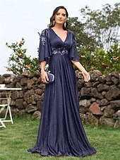 abordables BLEU-Robes de quinceanera en A élégante robe formelle mariage longueur au sol manches 3/4 en V chiffon dos en V avec plis