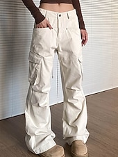 economico pantaloni cargo da donna-Per donna Pantaloni Cargo Pantaloni Moda Streetwear Lunghezza intera Naturale Tinta unita Tasca Confortevole Micro-elastico Sport &amp; Outdoor Abbigliamento quotidiano Nero Beige Estate Primavera