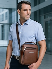 economico Borselli da uomo-Borsa a tracolla da uomo in similpelle marrone e nera con più scomparti con cerniera per viaggi di lavoro e uso quotidiano in ufficio