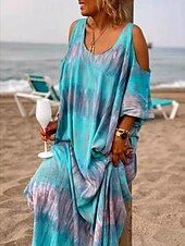 abordables Art &amp; Design Robe-Femmes Robe maxi Robe à épaules dénudées Vacances Occasionnel Boho Soirée Sortir Plage Graphique Abstrait Manche Courte Col Rond Bleu Été Printemps Automne