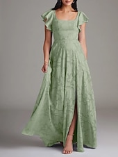 billiga Brudtärneklänningar-A-linje Bridesmaid Klänning Scoophals Ärmlös Elegant Golvlängd Chiffon med Volanger  Delad Framsida