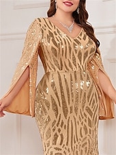cheap CHAMPAGNE-Mermaid / Trumpet Plus Size Dresses Elegant Curve Dress Formal Wedding Floor Length Long Sleeve V Neck Polyester with Sequin