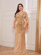 cheap CHAMPAGNE-Mermaid / Trumpet Plus Size Dresses Elegant Curve Dress Formal Wedding Floor Length Long Sleeve V Neck Polyester with Sequin